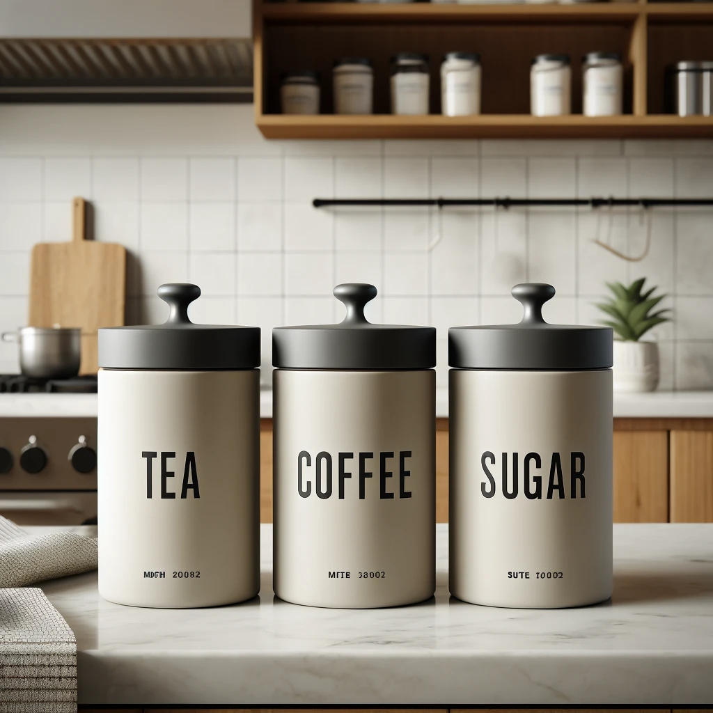 Landlords stylish tea coffee and sugar canisters on a kitchen counter